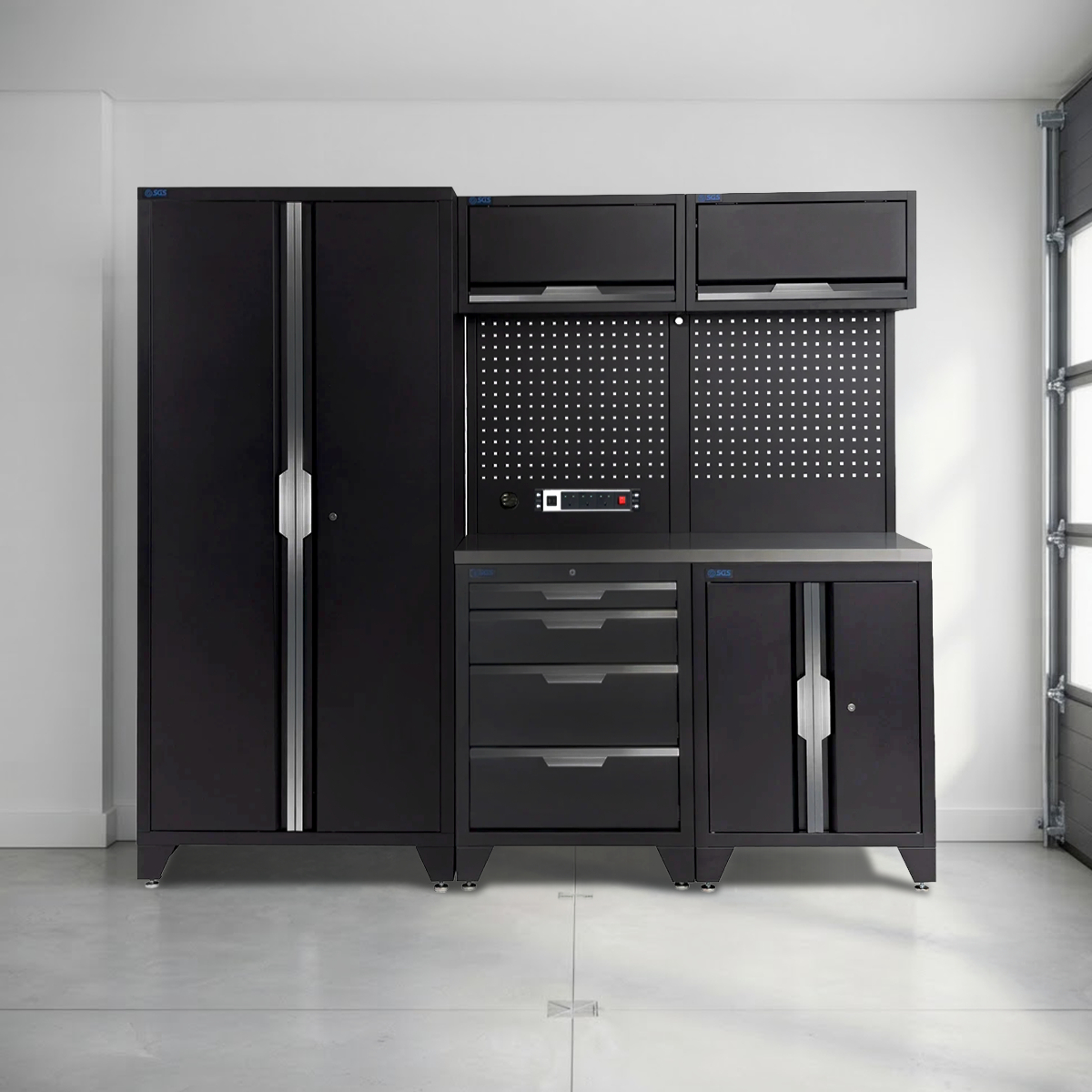 SGS 7pc Modular Garage Storage | 4 Drawers | Stainless Steel Worktop | Floor Cabinet | 2x Upper Cabinets | Tall Double Cabinet | Pegboard with Power Strip